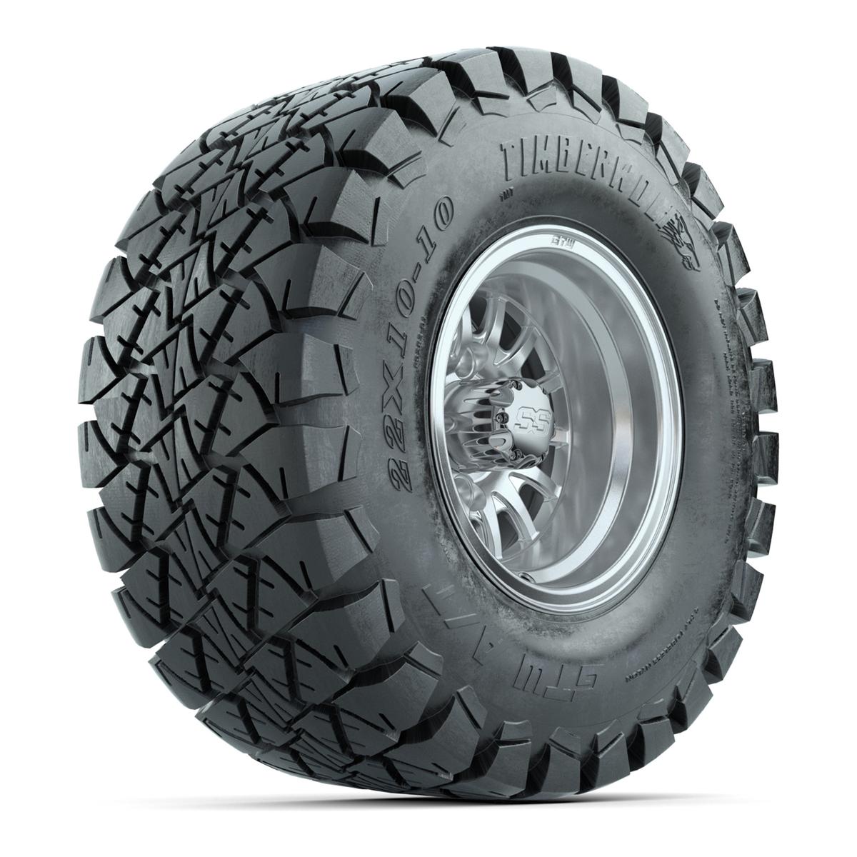 GTW Medusa Silver and Machined Wheels with 22in Timberwolf Mud Tires - 10 Inch