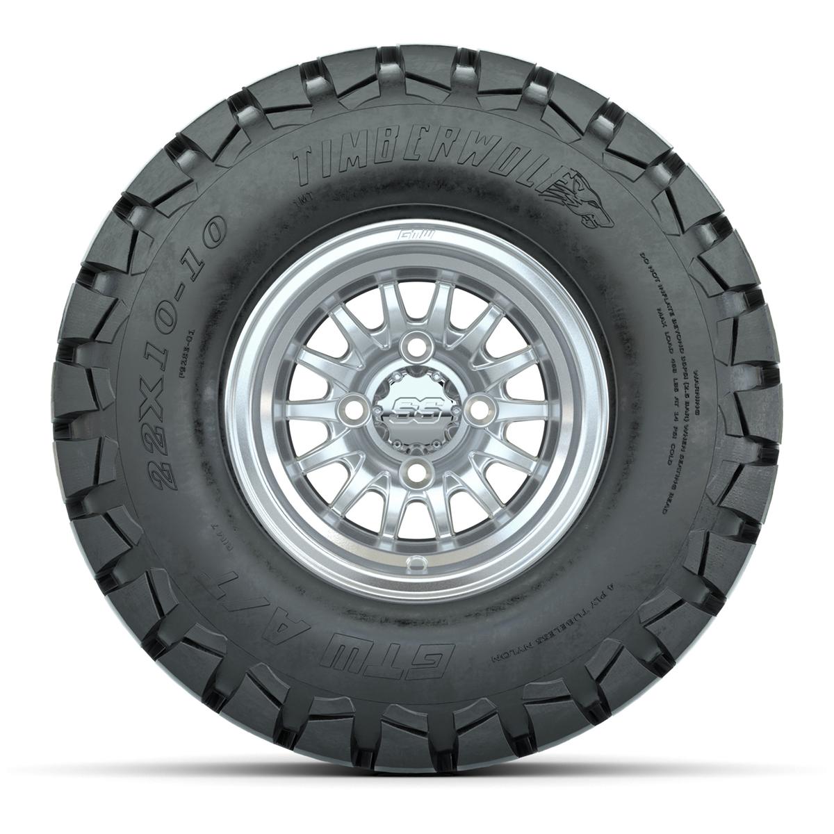 GTW Medusa Silver and Machined Wheels with 22in Timberwolf Mud Tires - 10 Inch
