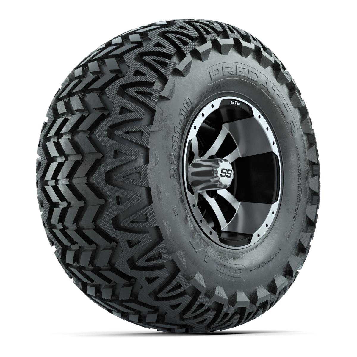 Set of 4 GTW 10in Storm Trooper Black and Machined Wheels with 22in Predator A-T Tires