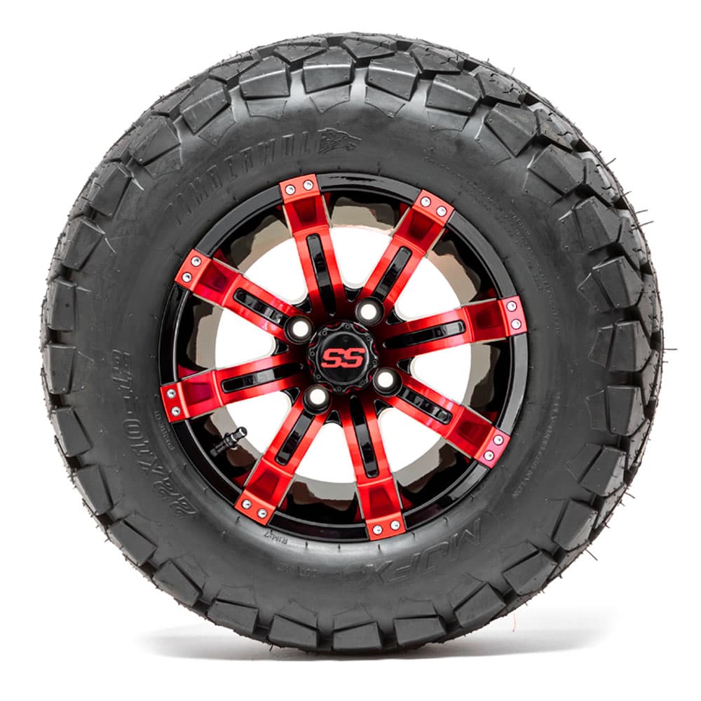 GTW Tempest Black and Red Wheels with 22in Timberwolf Mud Tires - 12 Inch