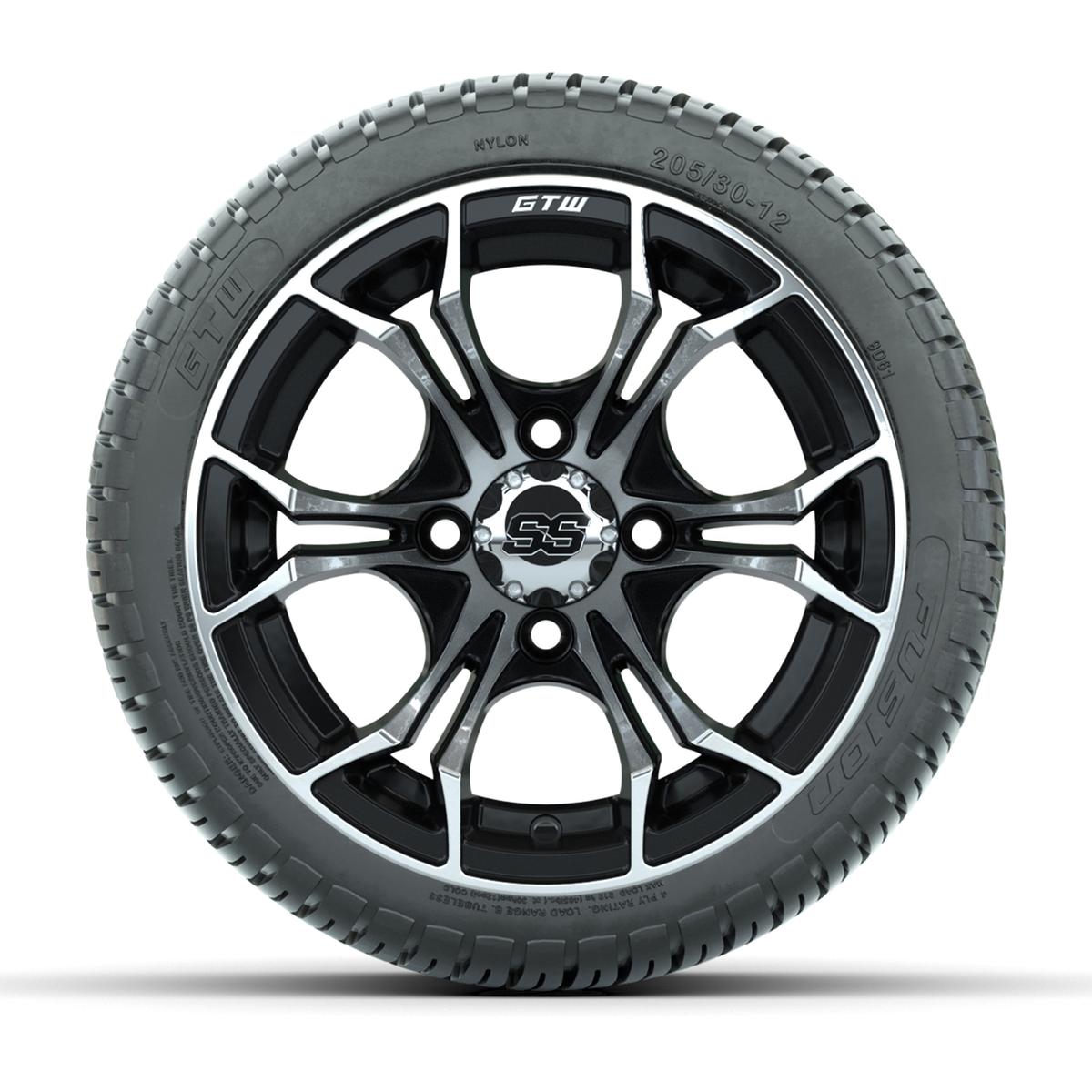 GTW Spyder Machined and Black 12 in Wheels with 18in Fusion Street Tires – Set of 4