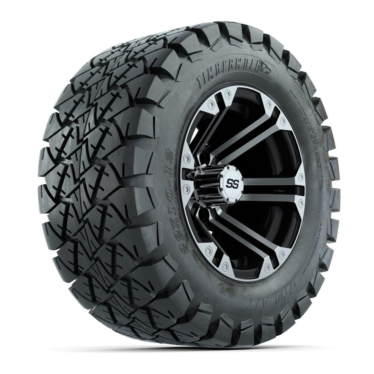 12 inch Specter Black/Machined Lifted Golf Cart Wheels on 22 inch Trail Tires-Set of 4