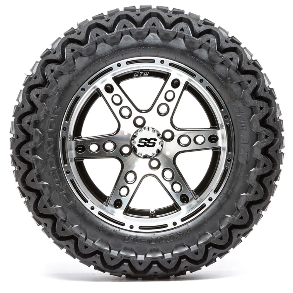 Set of 4 GTW 14in Dominator Black and Machined Wheels with 23 Inch Predator A-T Tires