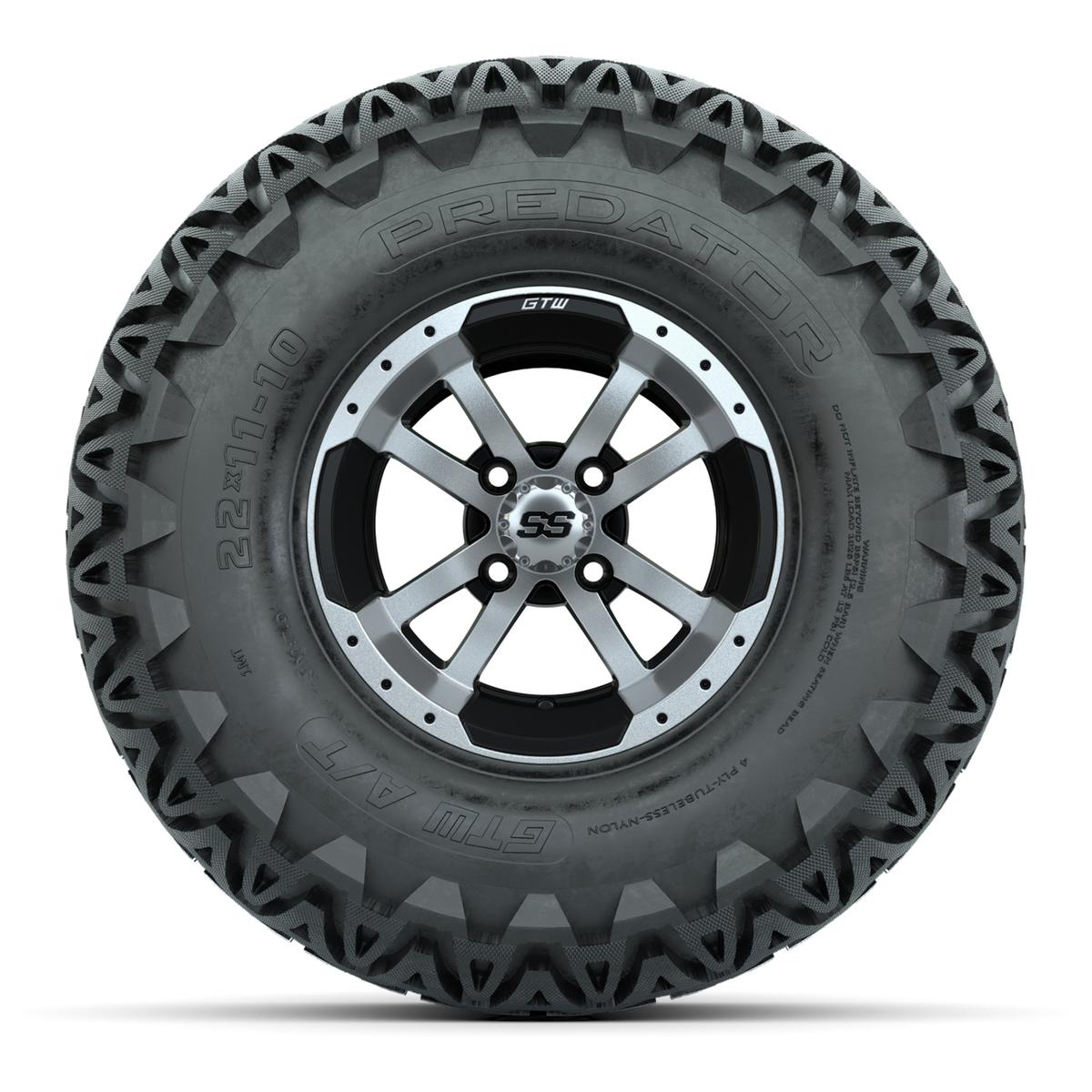 Set of 4 GTW 10in Storm Trooper Black and Machined Wheels with 22in Predator A-T Tires