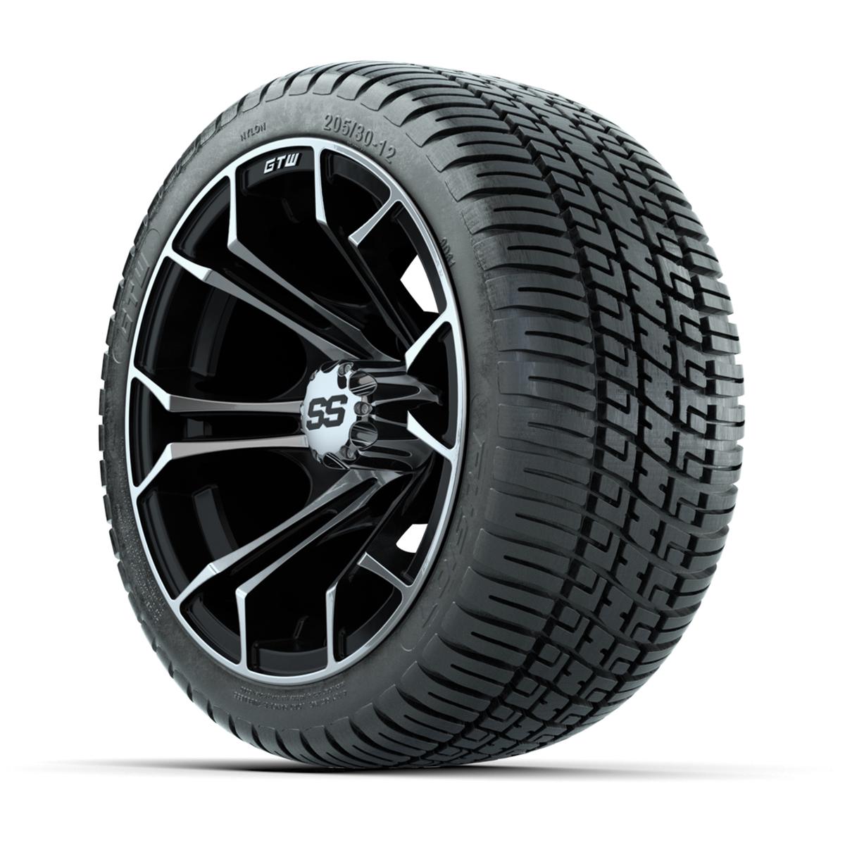 GTW Spyder Machined and Black 12 in Wheels with 18in Fusion Street Tires – Set of 4