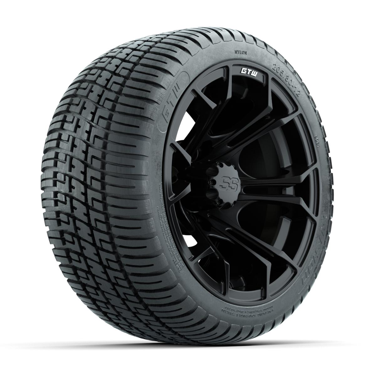 GTW Spyder Matte Black 12 in Wheels with 18in Fusion Street Tires – Set of 4