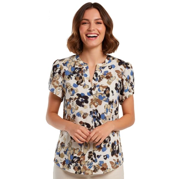 Womens Anne Klein Tulip Sleeve Split Neck Blurred Abstract Blouse - image 
