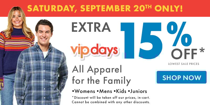 Extra 15% OFF Apparel for the family
