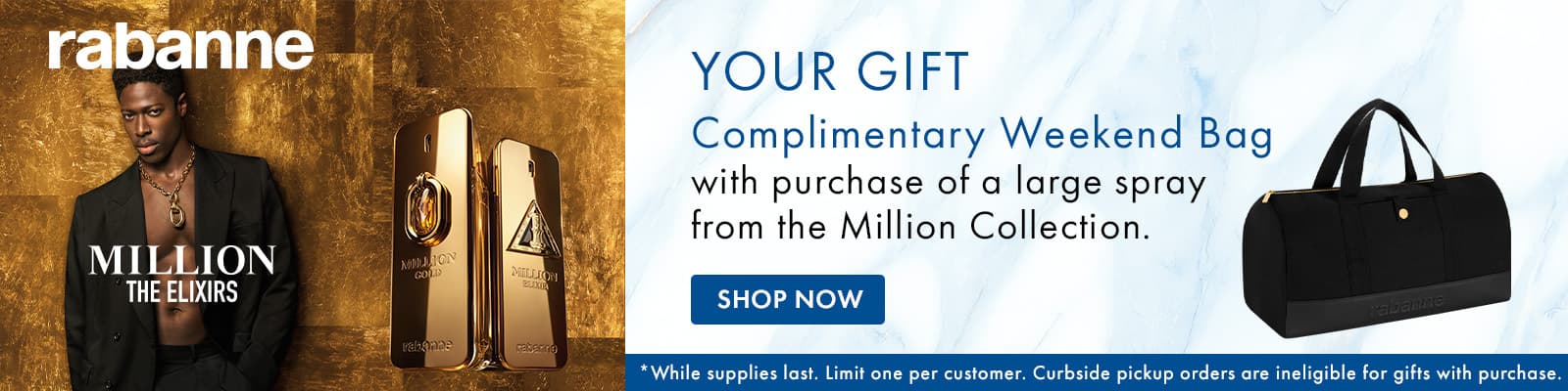 FREE Weekend Bag with purchase of a large spray from the Rabanne Million Collection.
