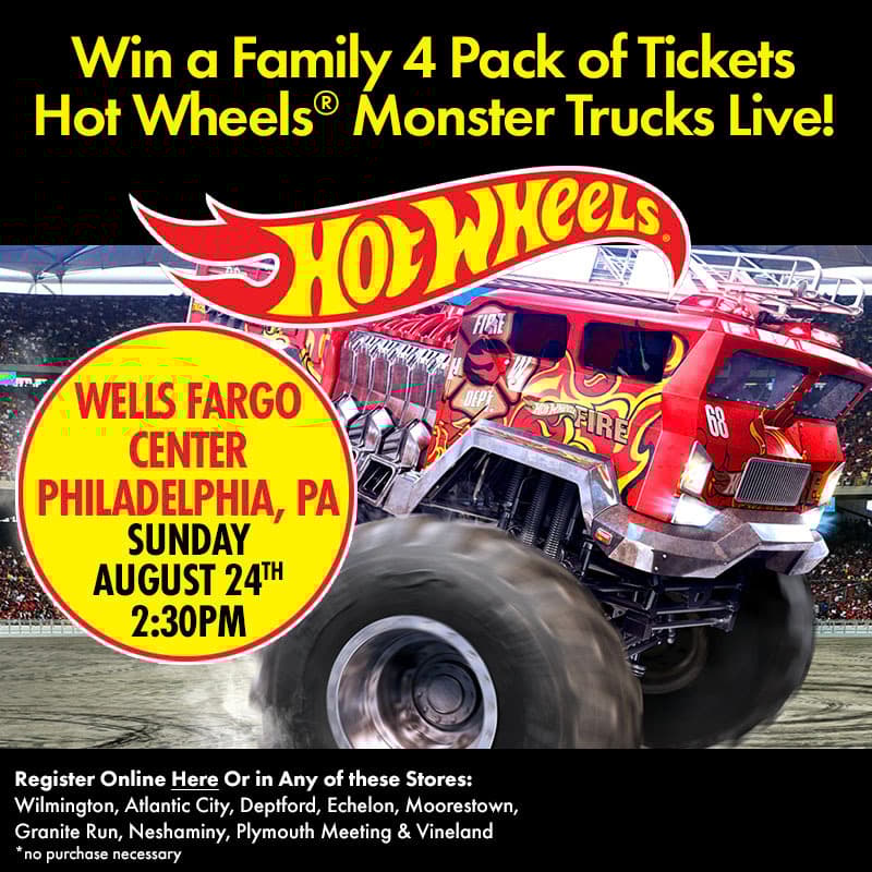 Win a family 4 pack of tickets hot wheels monster truck live
wells fargo center philadelphia, pa Sunday august 24th 2:30 p.m.
Register online here