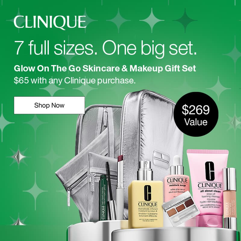 7 full-size essentials plus a beauty bag ONLY $65 with any Clinique purchase. A $269 value.