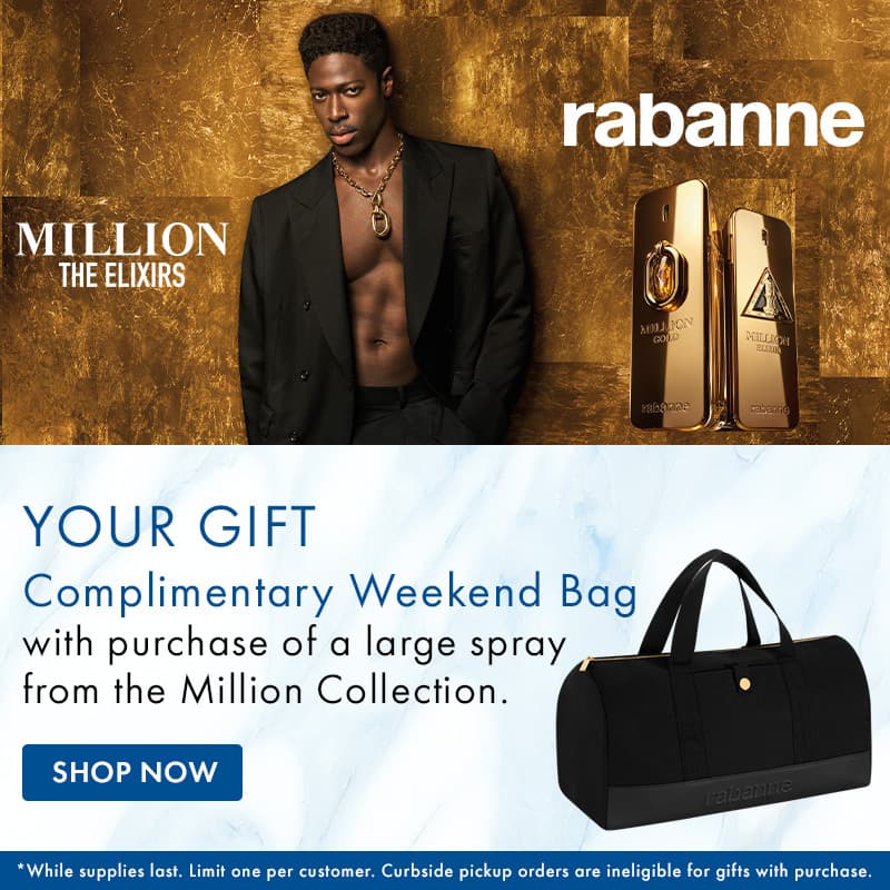 FREE Weekend Bag with purchase of a large spray from the Rabanne Million Collection.