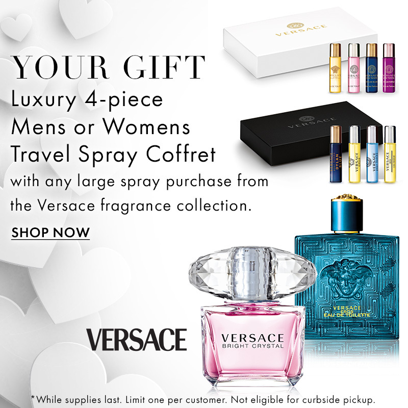 Free Men's or Women's Travel Spray Coffret with any large spray purchase from the Versace fragrance collection.