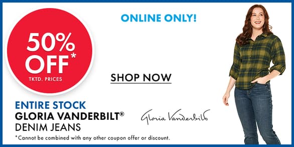 Online Only! 50% Off Tktd. Prices Entire Stock Womens Gloria Vanderbilt Denim Jeans