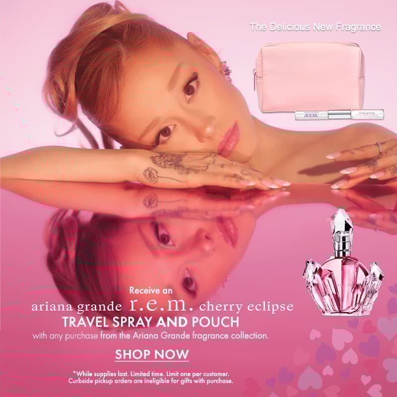 FREE Travel Spray and Pouch with any purchase from the Ariana Grande fragrance collection.