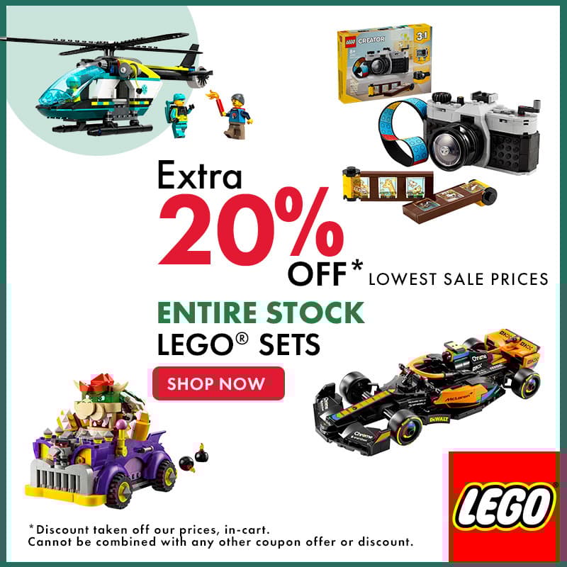 Extra 20% Off lowest sale prices
Entire Stock LEGO Sets
Shop Now
*Discount taken off our prices, in-cart. Cannot be combined with any other coupon offer or discount.