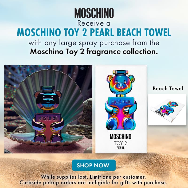 FREE Moschino Toy 2 Pearl beach towel with any large spray purchase from the Moschino Toy 2 fragrance collection.