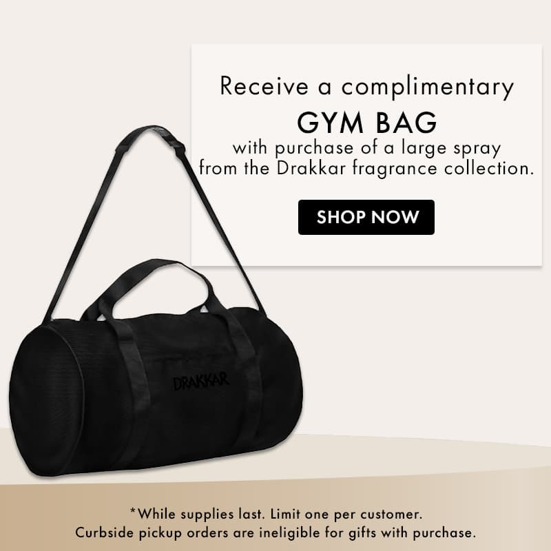 FREE gym bag with purchase of a large spray from the Drakkar fragrance collection.