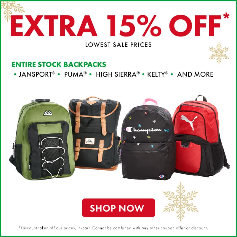 Extra 15% Off Lowest Sale Prices Entire Stock Backpacks
Jansport, Puma, High Sierra, Kelty, and more