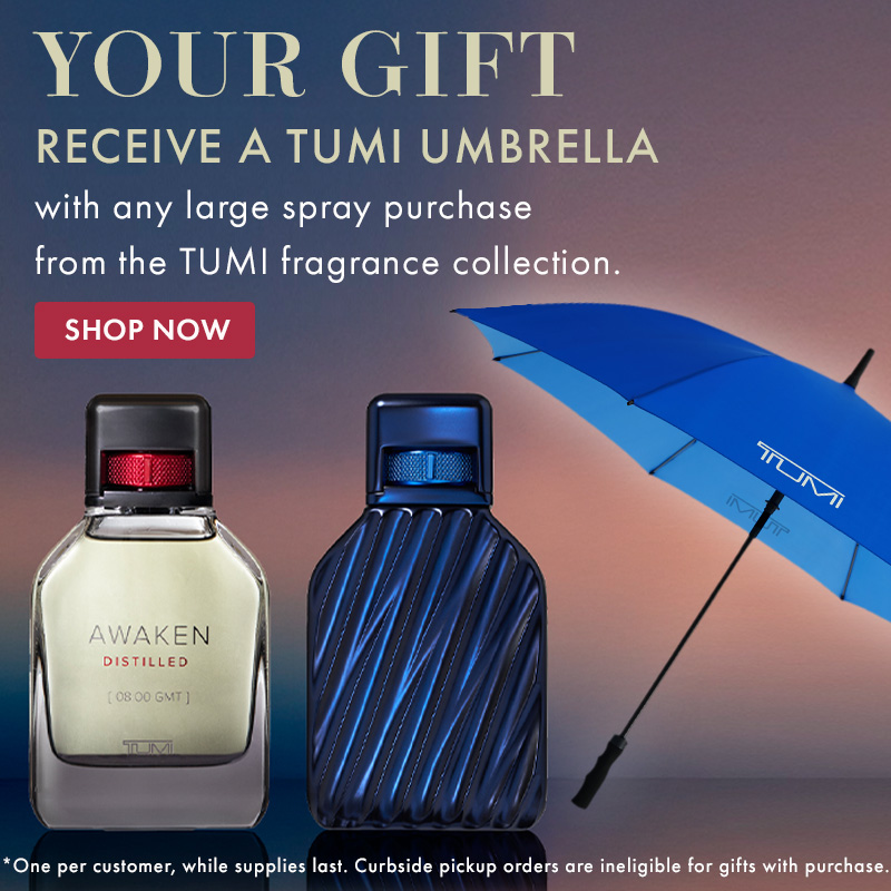 FREE TUMI Umbrella with any men's large spray purchase from the TUMI fragrance collection.