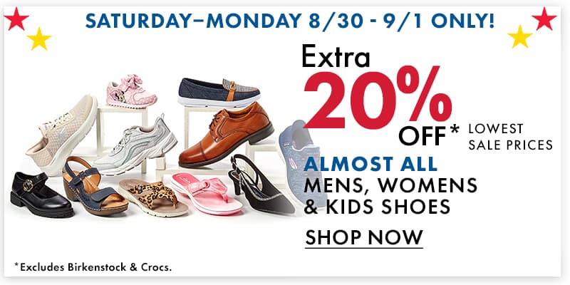 Extra 20% Off Most Womens, Mens & Kids Shoes