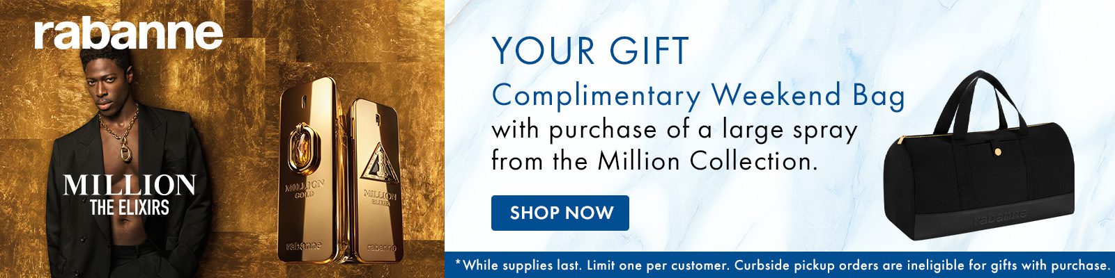 FREE Weekend Bag with purchase of a large spray from the Rabanne Million Collection.
