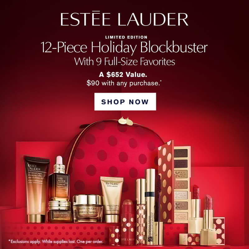 12-Piece Holiday Blockbuster Beauty Gift Set with 9 Full-Size Favorites $90 with any Estee Lauder purchase.