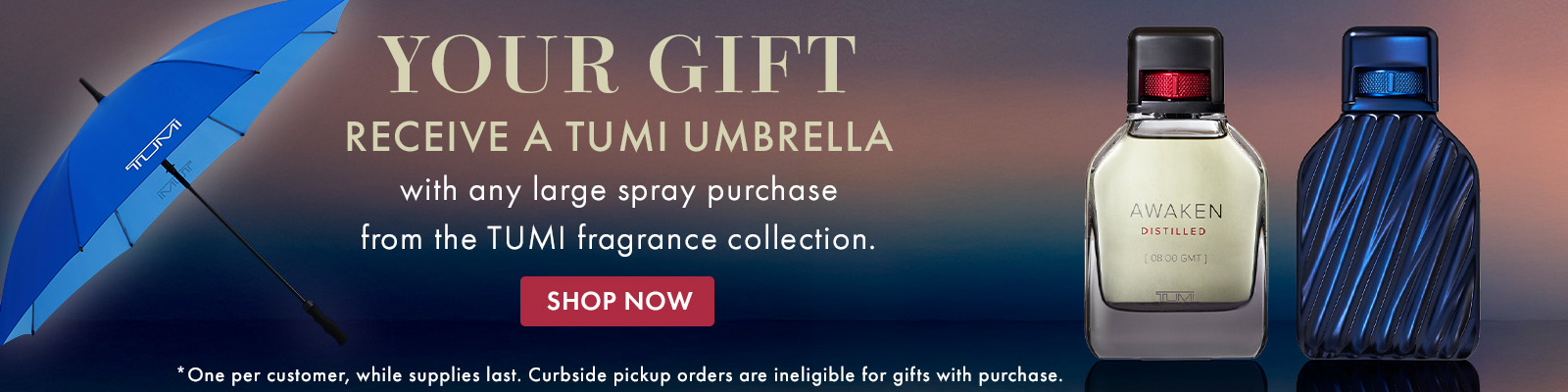FREE TUMI Umbrella with any men's large spray purchase from the TUMI fragrance collection.