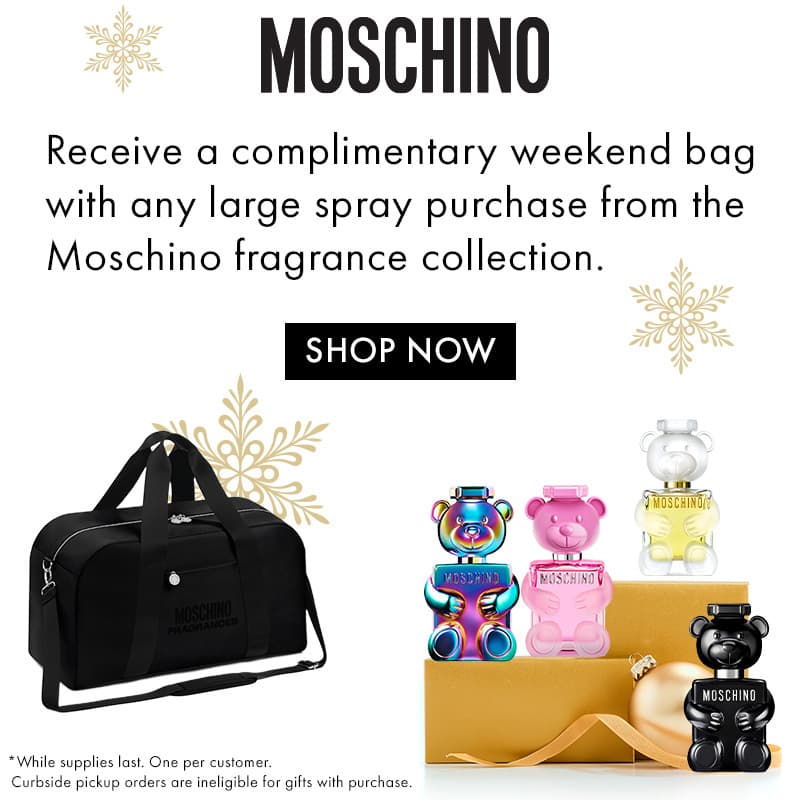 FREE weekend bag with any large spray purchase from the Moschino fragrance collection.