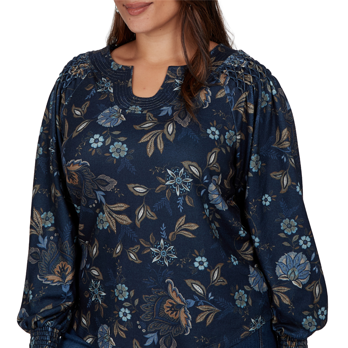 Plus Size Ruby Rd. Mythical Smocked Horseshoe Neck Floral Blouse