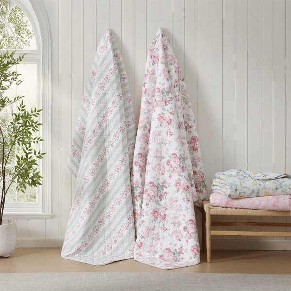 Laura Ashley Rosebud Stripe Reversible Reversible Qulit Set