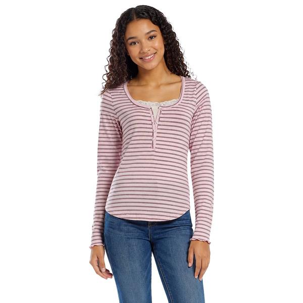 Juniors Pink Rose Lace Scoop Neck Snap Button Top -Pink
