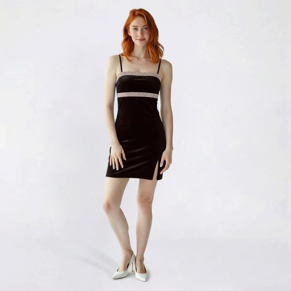 Juniors Jump Stretch Velvet Sequin Trim Slip Dress with Slit