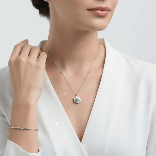Saffron Sterling Silver Moissanite Diamond Halo Pendant Necklace