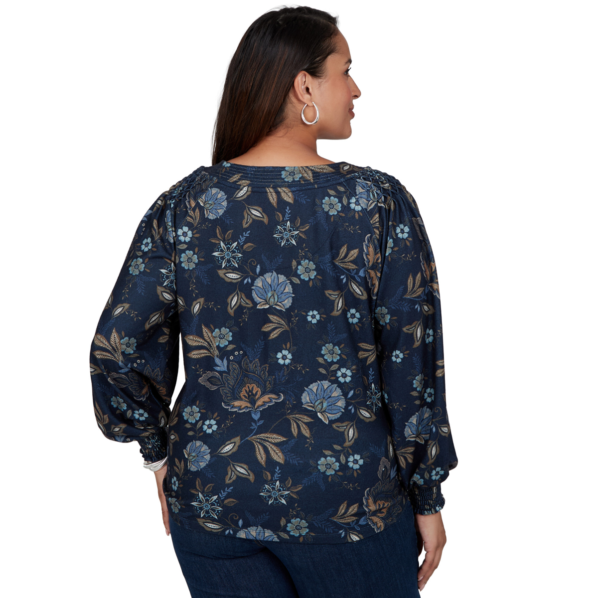 Plus Size Ruby Rd. Mythical Smocked Horseshoe Neck Floral Blouse
