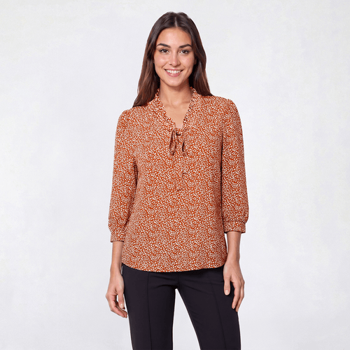 Womens Adrianna Papell 3/4 Puff Sleeve Vine Tie Neck Blouse