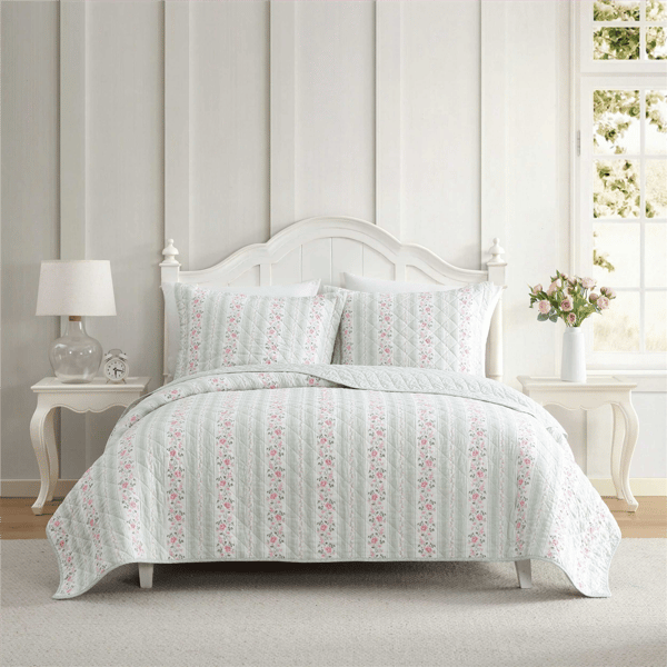 Laura Ashley® Rosebud Stripe Reversible 3pc. Quilt Set