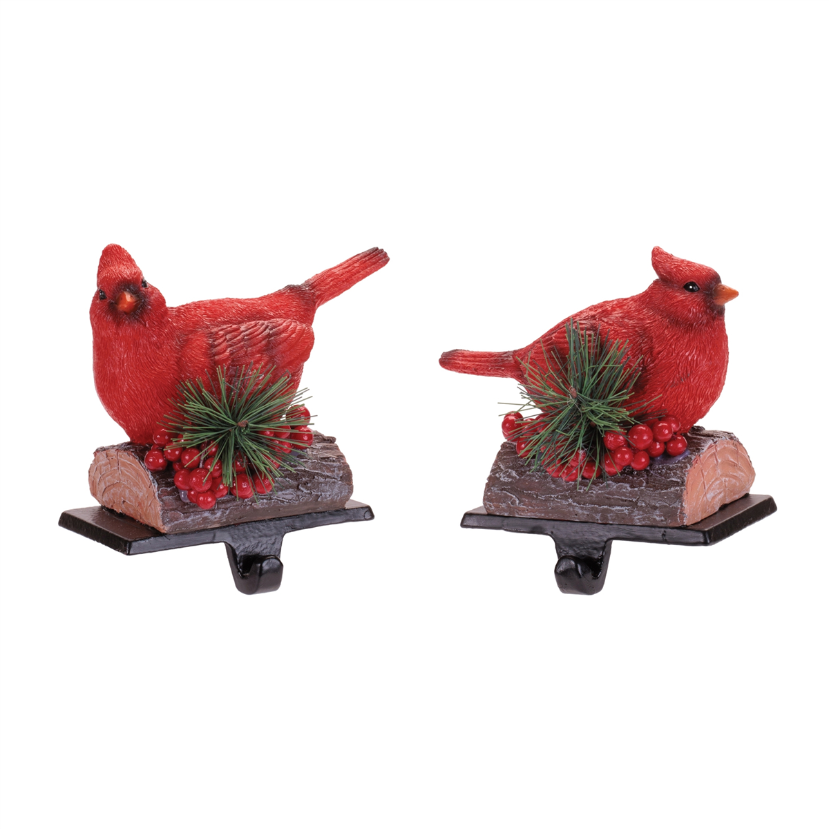 Melrose Red Cardinal Stocking Holders with Pine & Berries Set of