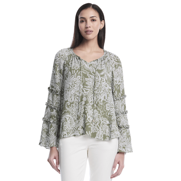 Petite Rafaella(R) Damask Tiered Ruffle Bell Sleeve Blouse