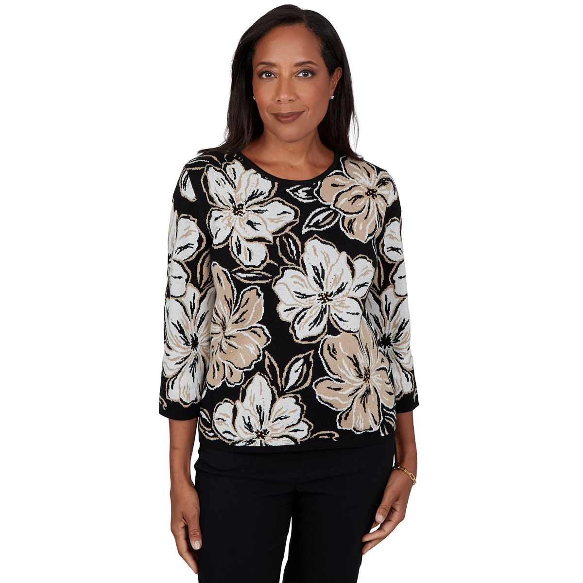 Petite Alfred Dunner Cityscape 3/4 Sleeve Large Floral Sweater