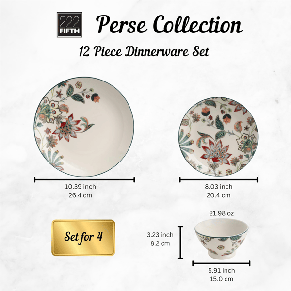 222 Fifth Perse 12pc. Porcelain Dishes White Plates & Bowls Sets