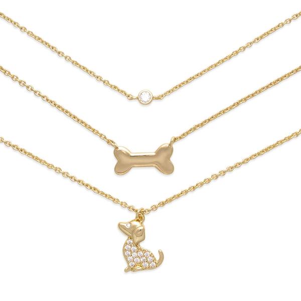 Three Gold-Tone Bone/Crystal/Dog Charm Necklace Set - image 
