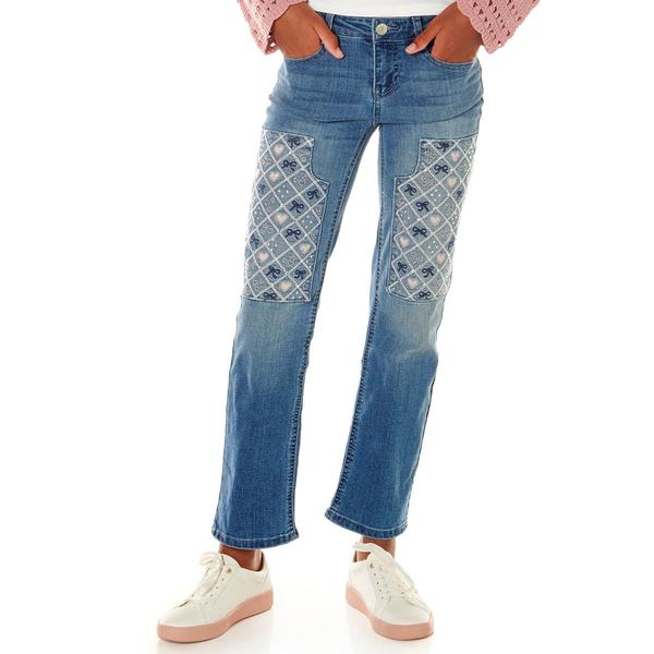 Girls (7-16) Blue Spice Heart & Bow Bling Patch Straight Jeans - image 