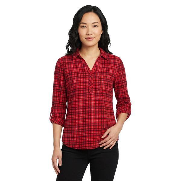 Womens Emily Daniels 3/4 Roll Tab Sleeve Plaid Henley Blouse