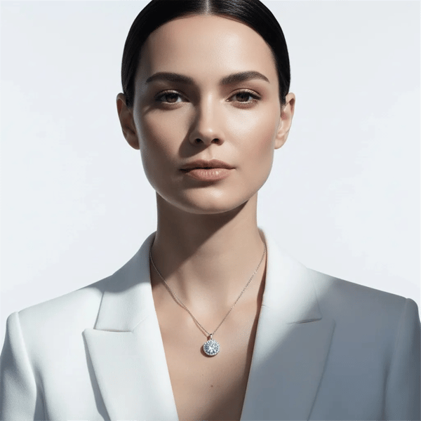 Saffron Sterling Silver Moissanite Diamond Halo Pendant Necklace