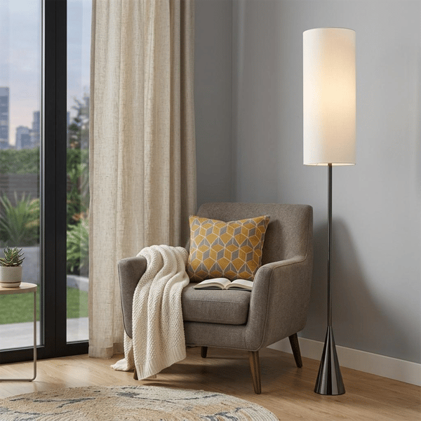 HomeRoots 74in. Black Floor Lamp with White Fabric Shade