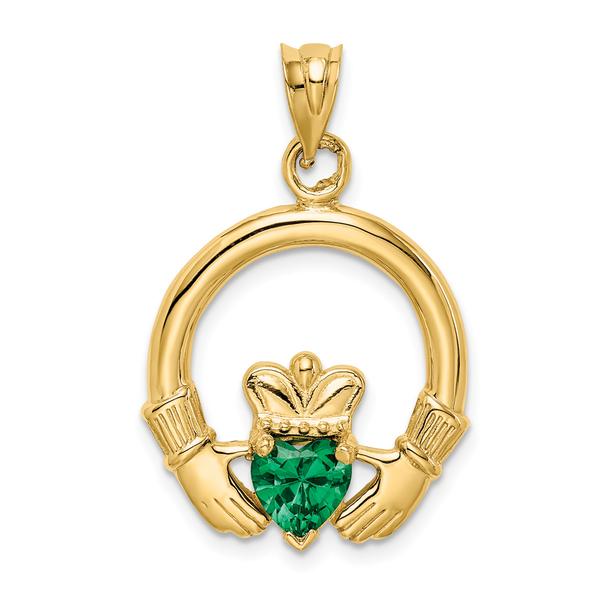 Unisex Gold Classics(tm) 14kt. Claddagh with Green Stone Pendant - image 