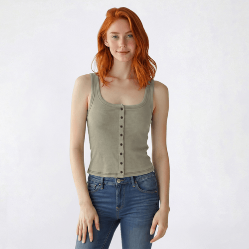 Juniors Pink Rose Washed Ribbed Button Up Tank Top - image 