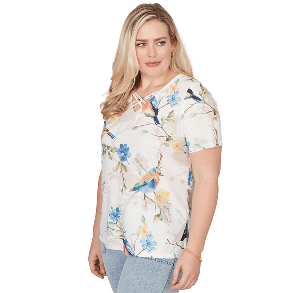 Petite Alfred Dunner Out Of The Blue Floral Birds V Neck Tee