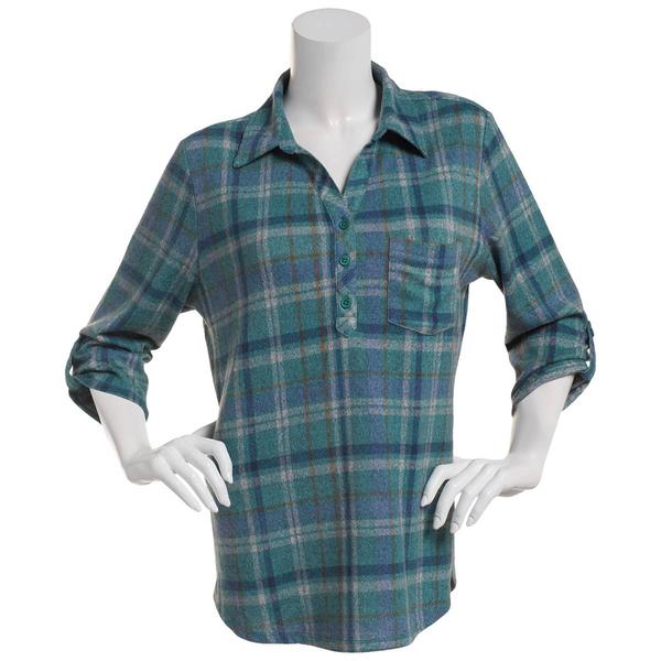 Petite Emily Daniels 3/4 Sleeve Plaid Hacci Blouse - Green/Blue - image 